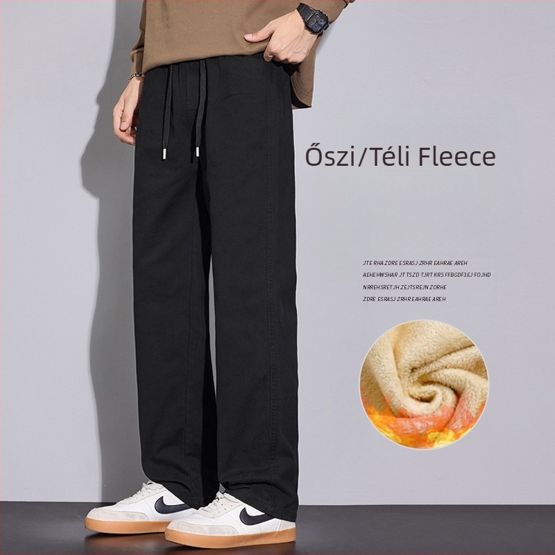Fleece-belelt férfi casual nadrág, vastagított, téli 2025, széles lábszárú, egyenes szabás