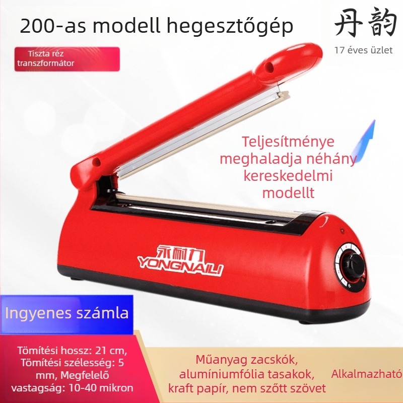 Kompakt kézi hőzáró készülék otthoni használatra, manuális működtetés, alumíniumfóliás és műanyag zacskók lezárására, teához és harapnivalókhoz.