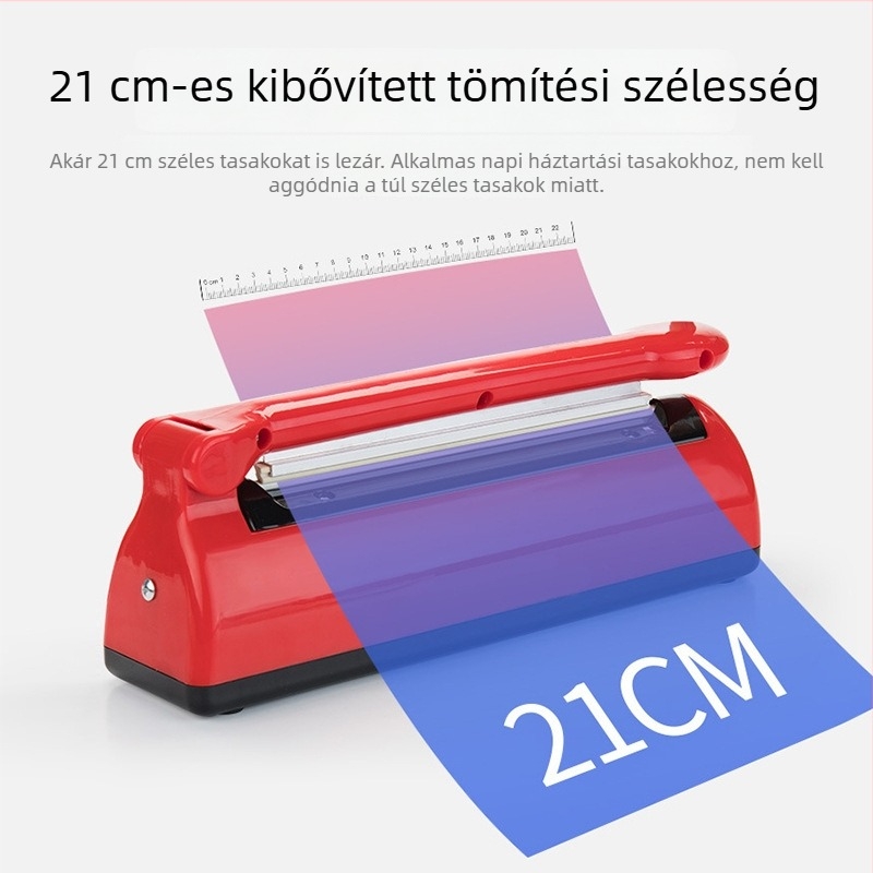 Kompakt kézi hőzáró készülék otthoni használatra, manuális működtetés, alumíniumfóliás és műanyag zacskók lezárására, teához és harapnivalókhoz.