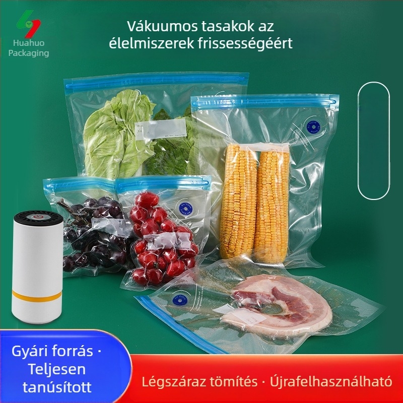 Élelmiszer-vákuum tasak kilégző szeleppel és bordázott mintázattal; vákuum-kompressziós tasak háztartási élelmiszer-tároláshoz