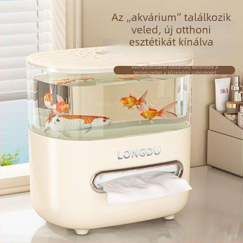 Asztali zsebkendő doboz 2 az 1-ben akváriummal és látható figurával, átlátszó, többfunkciós, nagy kapacitás, két szintes tároló