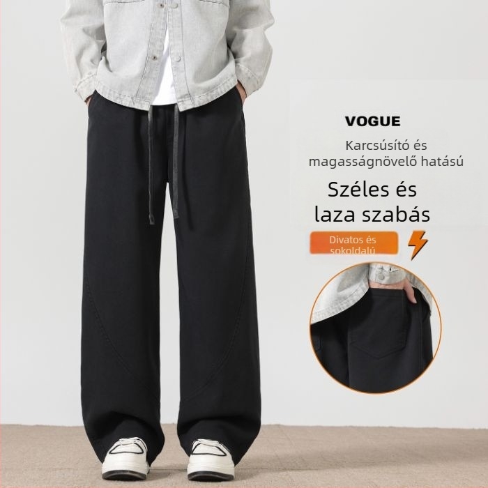 Férfi Lyocellből készült casual nadrág, téli, széles szárú, egyenes szabás, középmagas derék, öv nélkül, húzózsinóros zárás, egyszínű