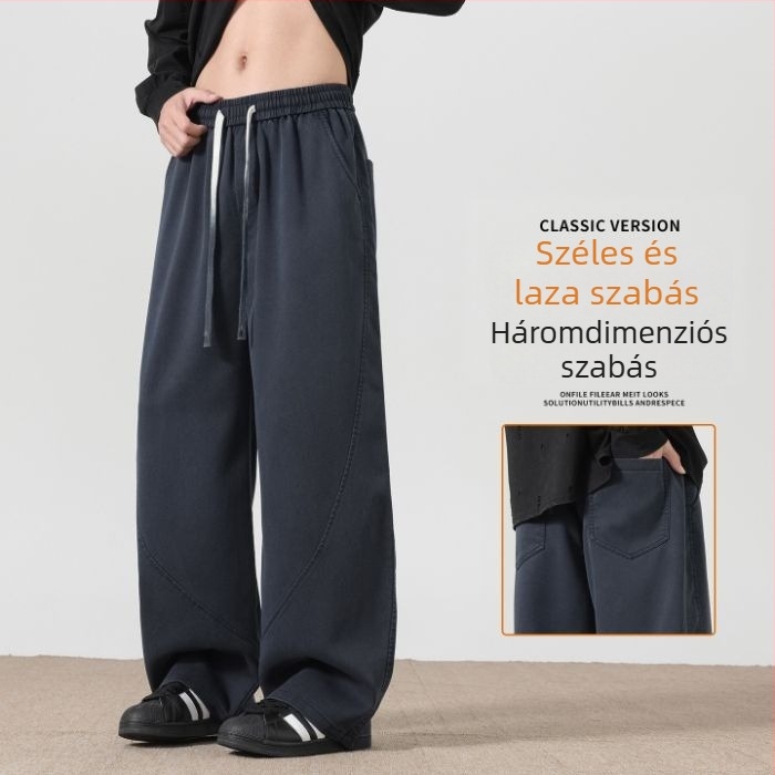 Férfi Lyocellből készült casual nadrág, téli, széles szárú, egyenes szabás, középmagas derék, öv nélkül, húzózsinóros zárás, egyszínű