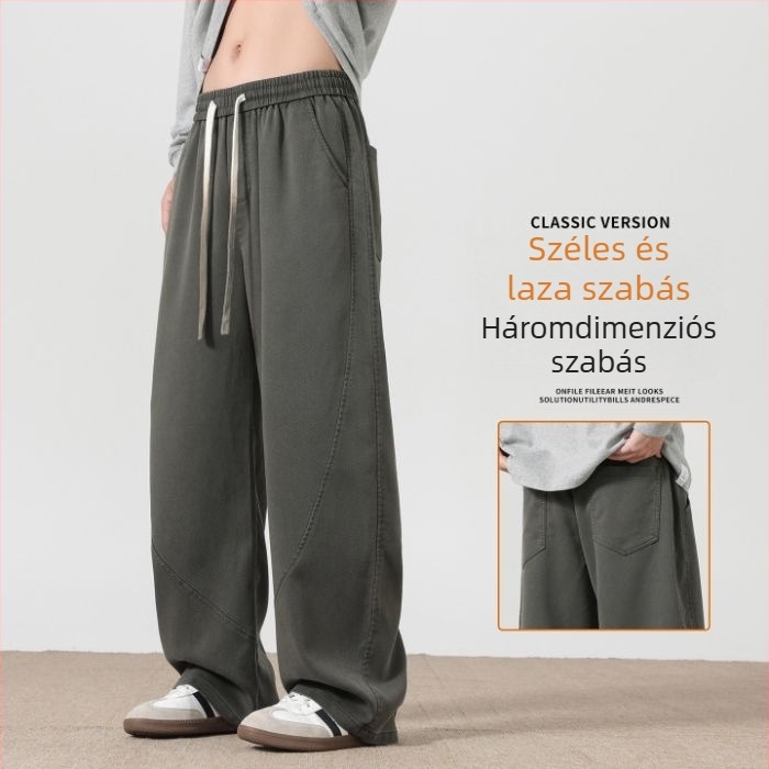 Férfi Lyocellből készült casual nadrág, téli, széles szárú, egyenes szabás, középmagas derék, öv nélkül, húzózsinóros zárás, egyszínű