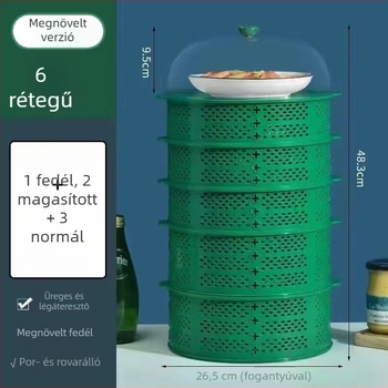 Légáteresztő perforált ételfedő por- és muslica elleni védelemmel, több rétegű tároló állvány tányérokhoz és maradék ételekhez, ABS műanyagból