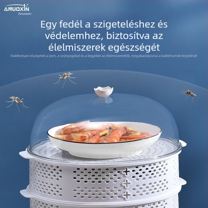 Légáteresztő perforált ételfedő por- és muslica elleni védelemmel, több rétegű tároló állvány tányérokhoz és maradék ételekhez, ABS műanyagból