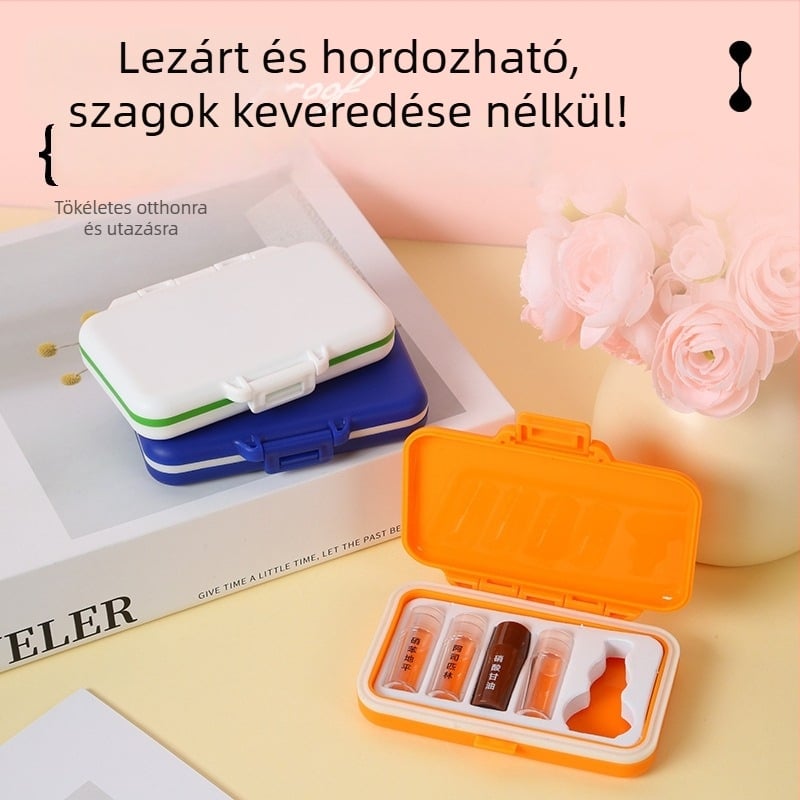 Hordozható elsősegély tablettatartó rekeszekkel, zárható, nedvességálló