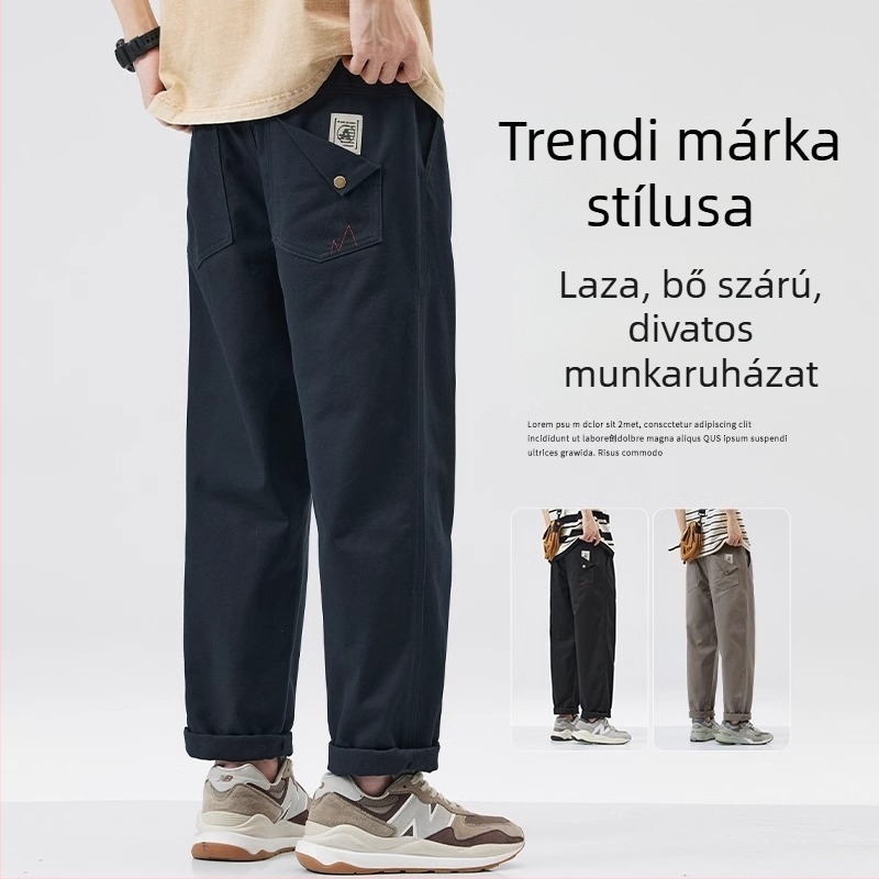 Amerikai stílusú férfi munkanadrág, pamut, lazán szabott, egyenes, széles szárú, nyári modell