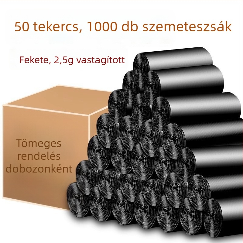 Vastagított fekete háztartási szemeteszsákok, sík szájú, mellény-stílusú, egyszer használatos, tartós műanyagból, doboz 100 darab