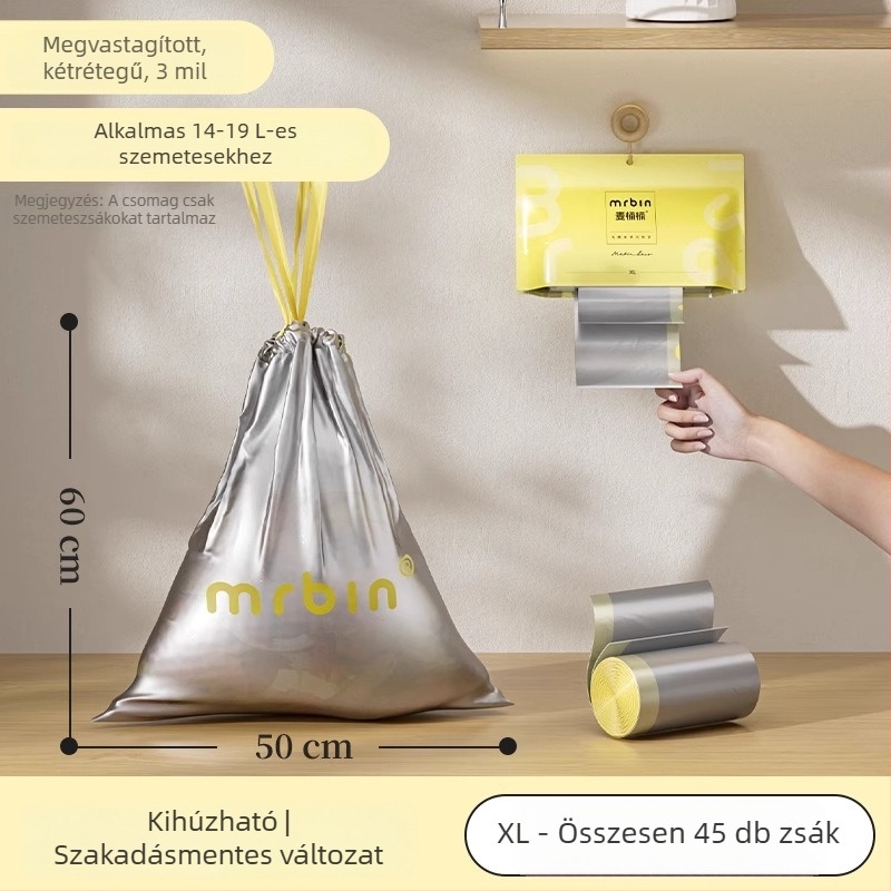 Mr.bin Nagy mennyiségű húzózsinóros szemeteszsák, szakadásmentes, vastagított és kibővített dizájn, otthoni használatra a konyhában, 20 zacskó/doboz, új modell