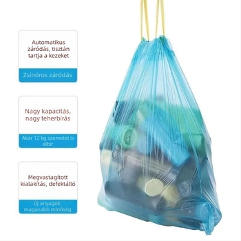 Hordozható szemeteszsák húzózsinórral, megerősített, színes perforált kialakítás, konyhai használatra, automatikus zárás