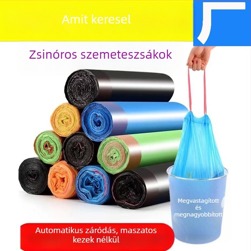 Hordozható szemeteszsák húzózsinórral, megerősített, színes perforált kialakítás, konyhai használatra, automatikus zárás