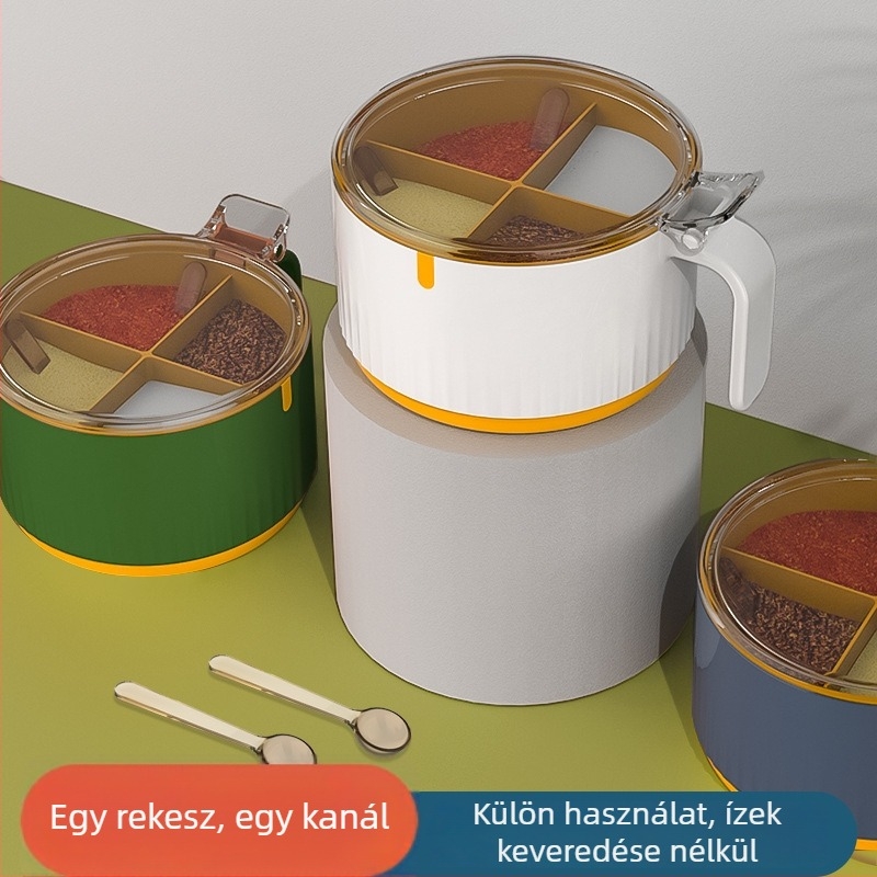 Négy rekeszes konyhai fűszertartó készlet, sószóróval és kanállal