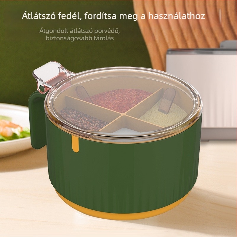 Négy rekeszes konyhai fűszertartó készlet, sószóróval és kanállal