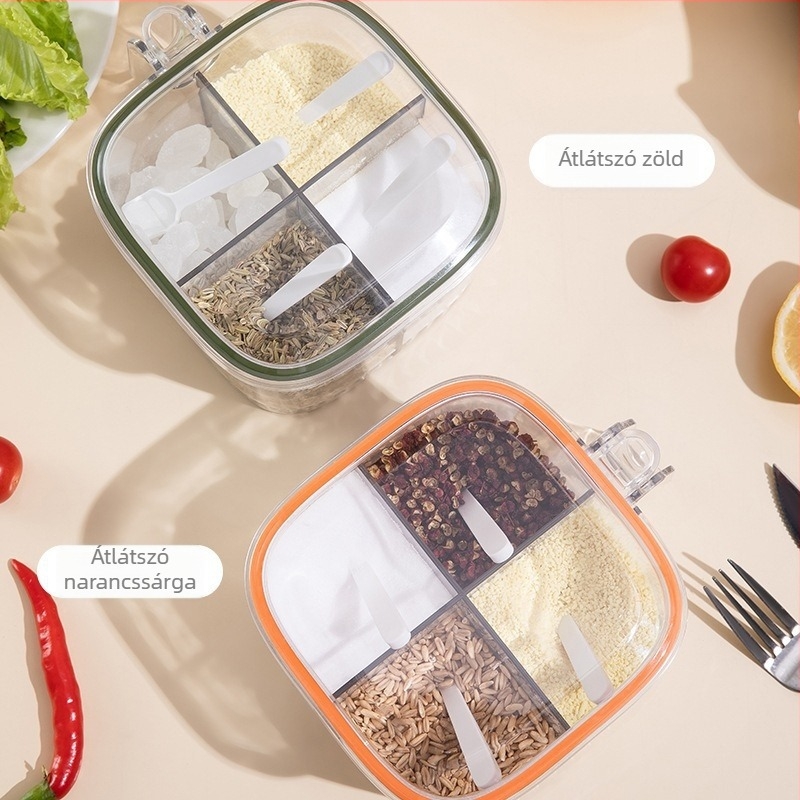 Több rekeszű átlátszó fűszertartó a konyhába – só, bors és nátrium-glutamát kombinált tároló