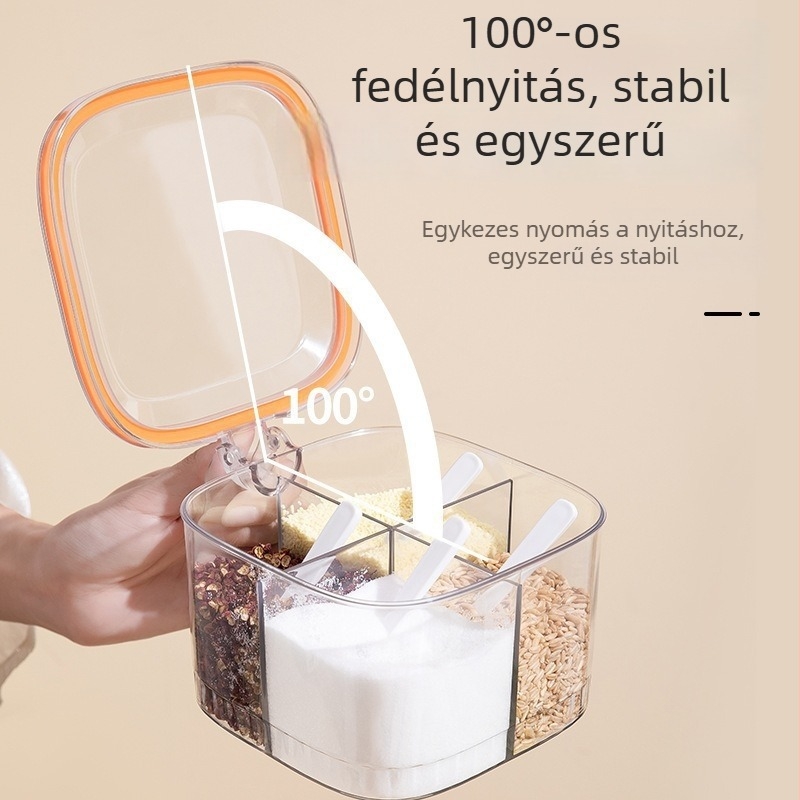 Több rekeszű átlátszó fűszertartó a konyhába – só, bors és nátrium-glutamát kombinált tároló