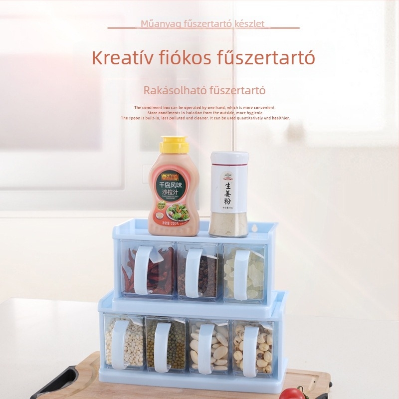 Nagy kapacitású fűszerdoboz, fiókos, falra szerelhető, só és nátrium-glutamát tárolására