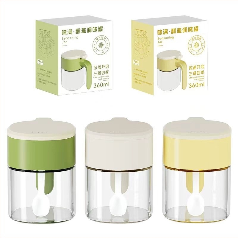 Üveg fűszertartó flip-top kupakkal és kanállal, légmentesen záródó, 12 oz, konyhai fűszer tároló, több színben