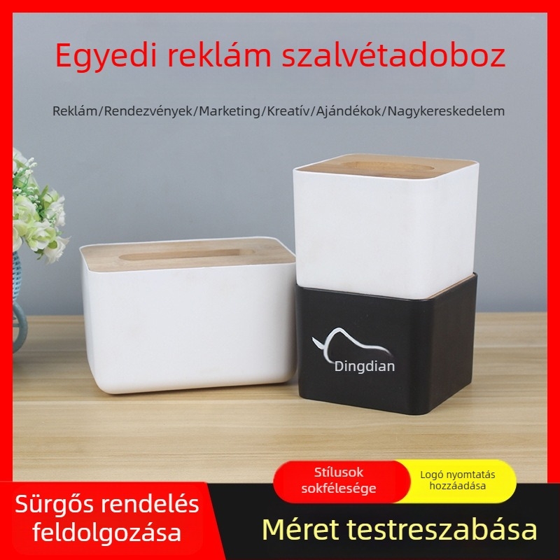 Műanyag szalvétatartó bambusz fedéllel, logóval testreszabható, kreatív asztali dekor