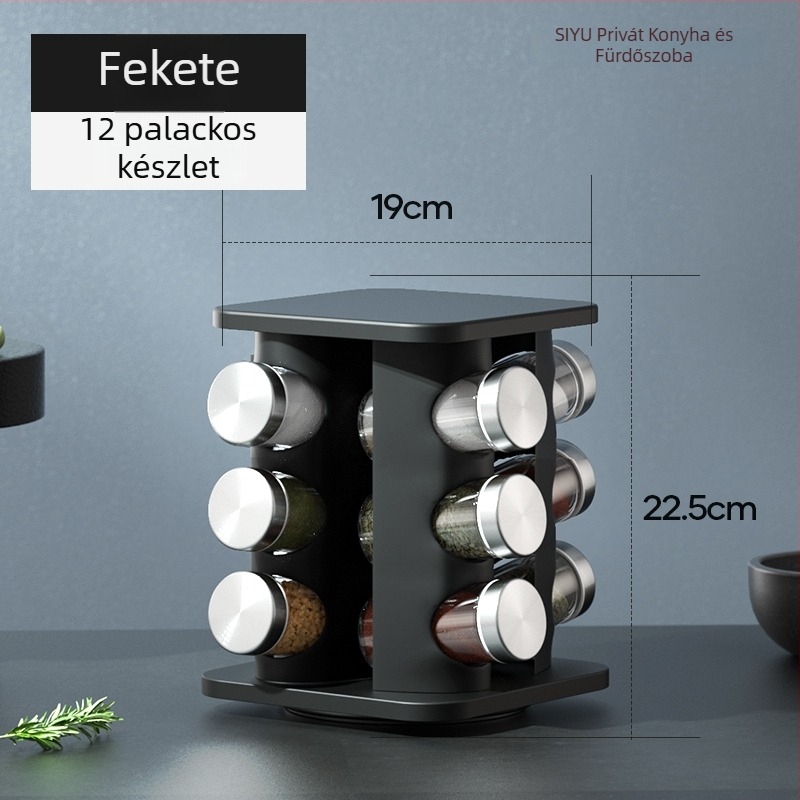 Rozsdamentes acél só- és fűszertartó készlet forgó, zárható polccal a konyhához