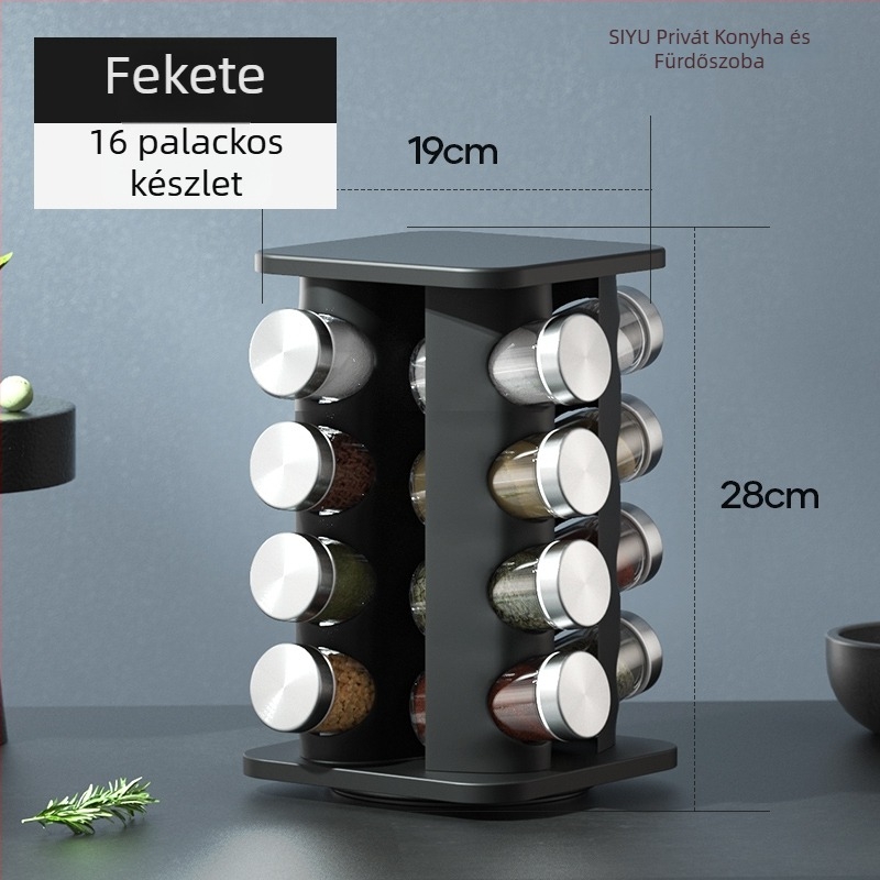 Rozsdamentes acél só- és fűszertartó készlet forgó, zárható polccal a konyhához