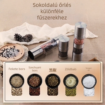 Kézi rozsdamentes acél borsőrlő kettős fejjel, mini fűszertartó palackkal (szecsuáni bors)