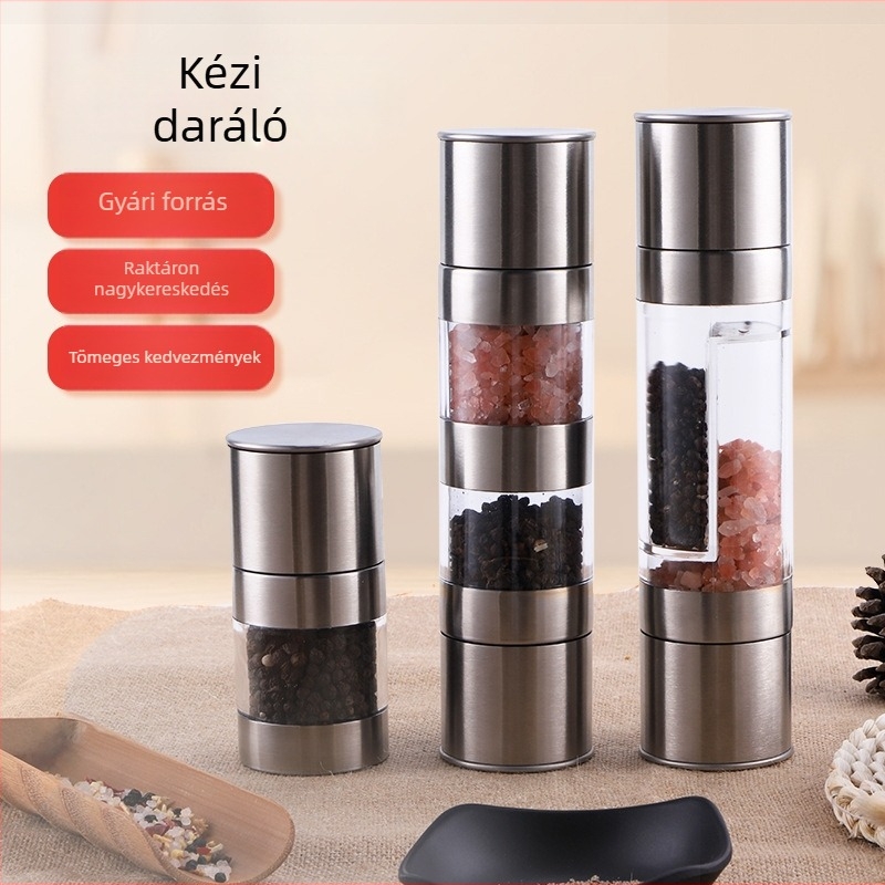 Kézi rozsdamentes acél borsőrlő kettős fejjel, mini fűszertartó palackkal (szecsuáni bors)