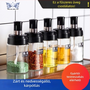 Üvegből készült konyhai fűszertartó készlet beépített kanálfedővel és sótartóval