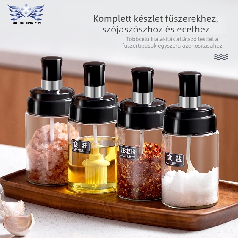 Üvegből készült konyhai fűszertartó készlet beépített kanálfedővel és sótartóval