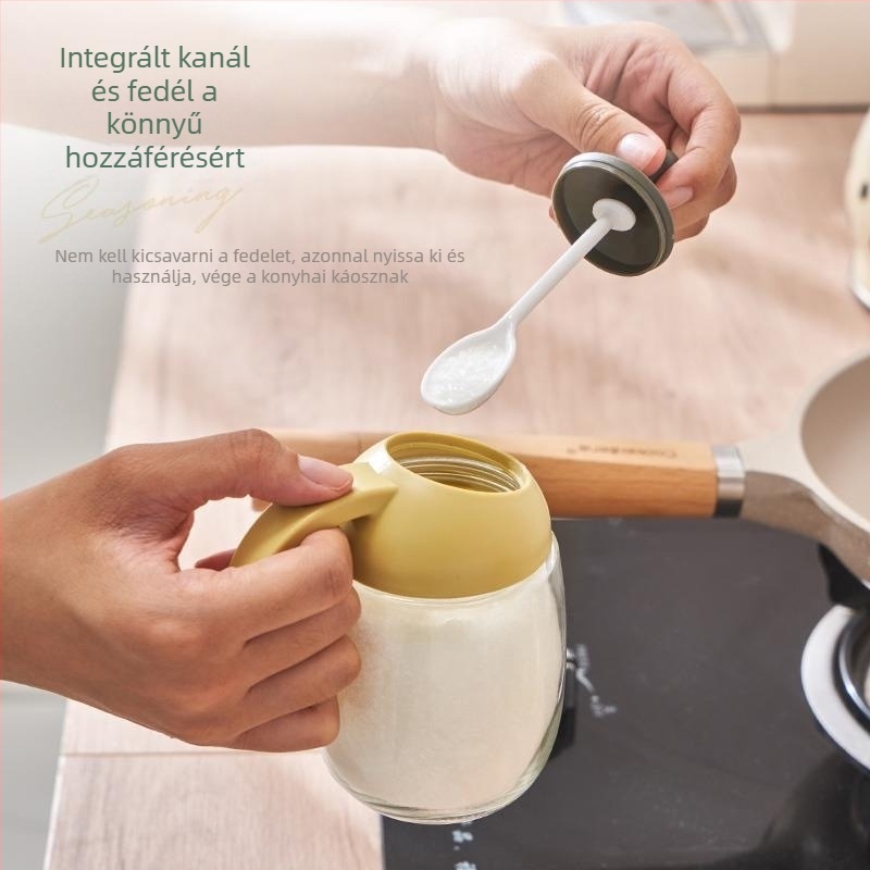 Beépített kanállal és fedővel ellátott üveges fűszertartó készlet