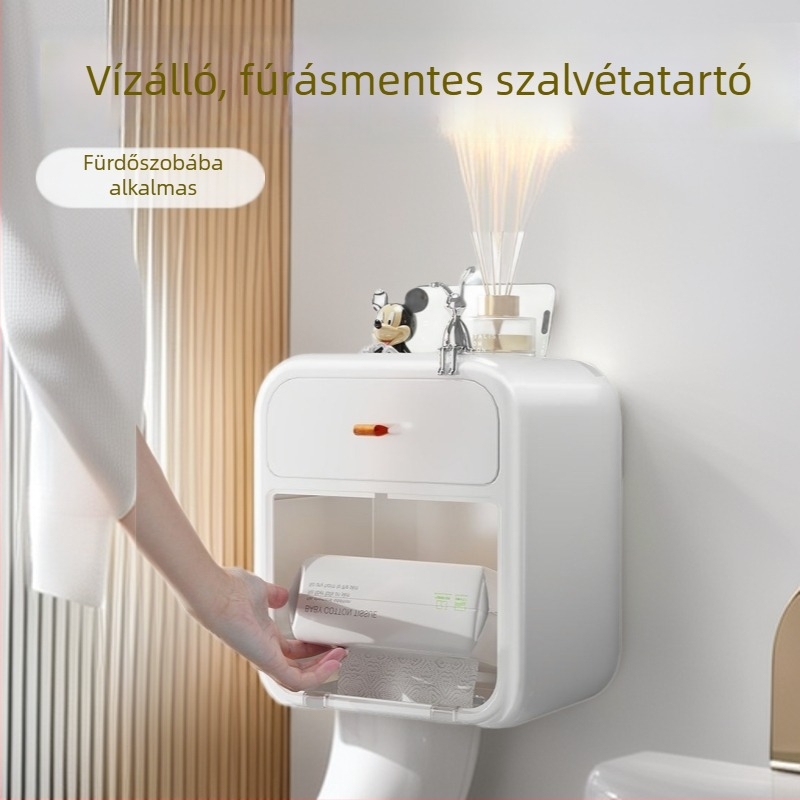 Fali WC-papírdoboz és papírtároló polc, vízálló, fürdőszobai tároló, fúrás nélküli szerelés