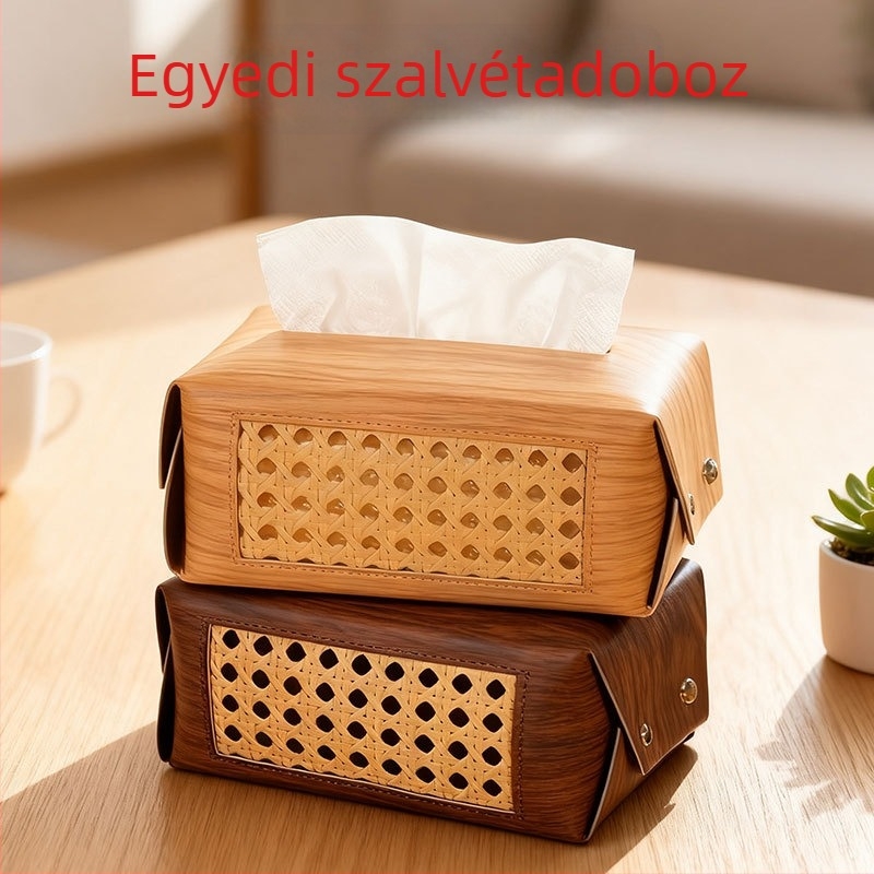 Rattanból készült papírtörlőtartó, nappaliba, asztali kivitel, kínai stílusú, multifunkcionális tároló