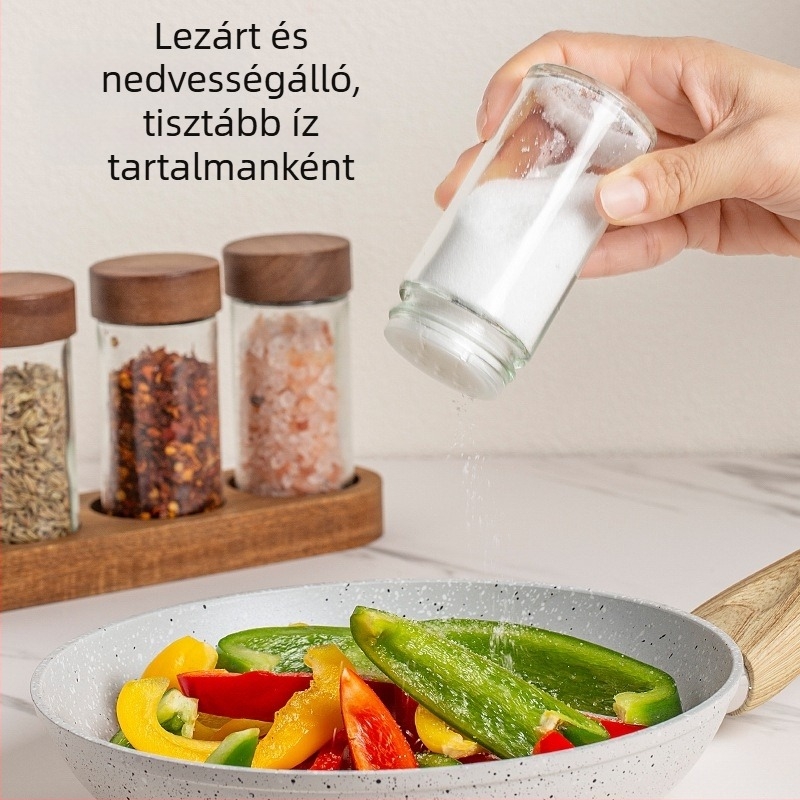 Üveges fűszertartó készlet akácfa fedéllel és alappal — négy darabos konyhai fűszeres üveg, kömény grillhez