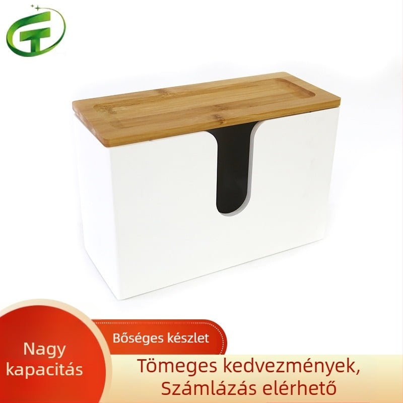 Minimalista bambusz fedelű papírzsepi doboz, fehér, nappalira, fürdőszobára és étterembe