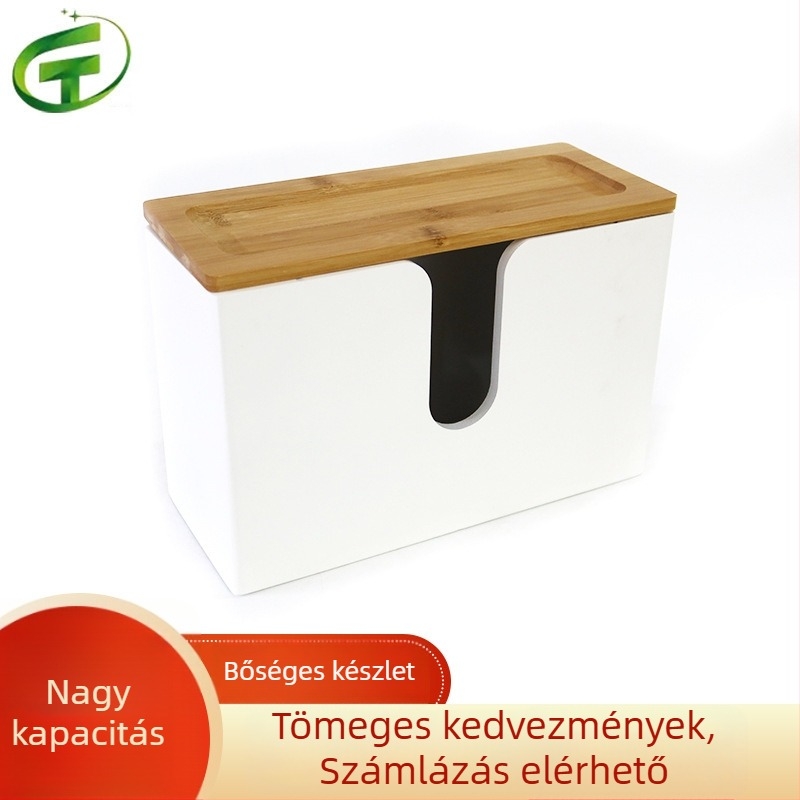 Minimalista bambusz fedelű papírzsepi doboz, fehér, nappalira, fürdőszobára és étterembe