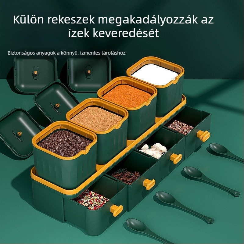 Fűszerek tároló készlet sótartóval és zárható, nedvességálló tárolókkal, konyhai fűszertároló készlet
