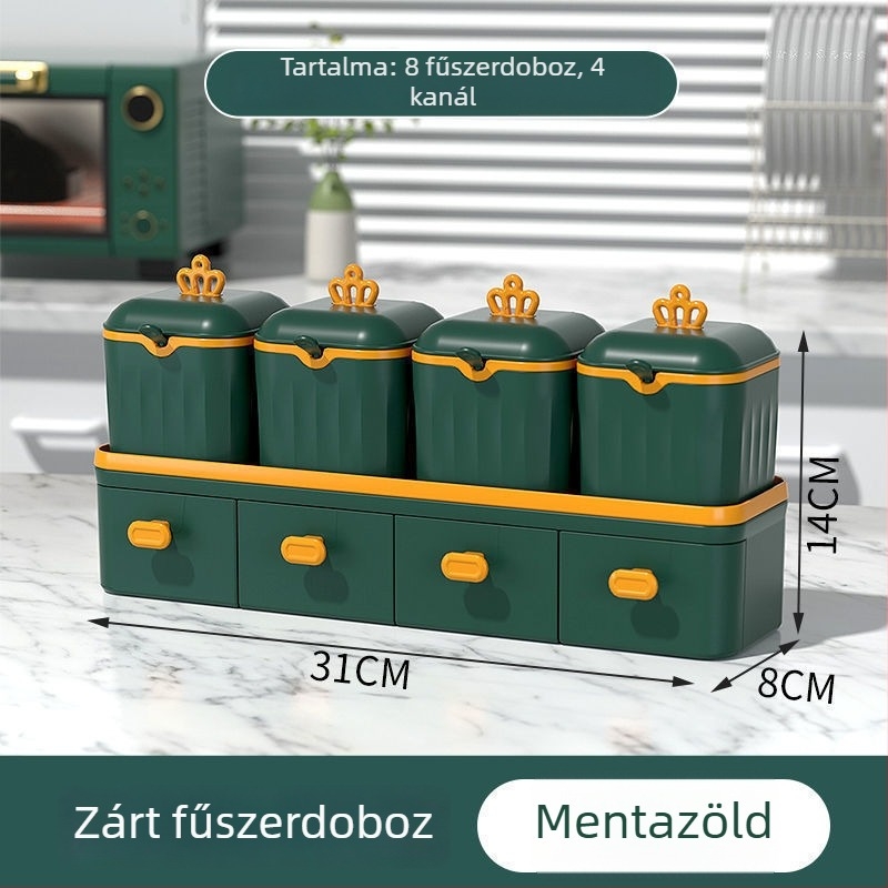 Fűszerek tároló készlet sótartóval és zárható, nedvességálló tárolókkal, konyhai fűszertároló készlet
