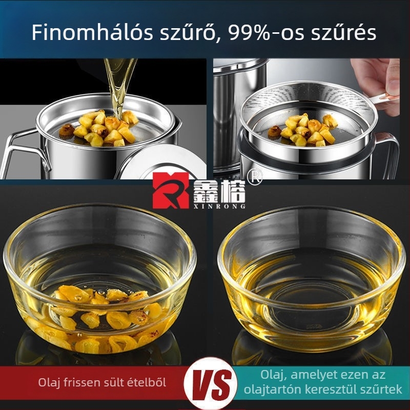 Rozsdamentes acél olajtartó edény fedővel, háztartási konyhai használatra, olajszűrő és sütéshez, szivárgásmentes