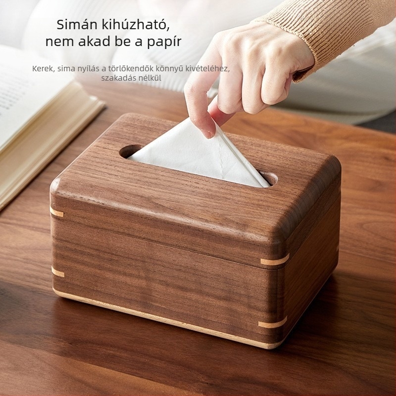 Egyedi fekete diófa dohányzóasztal nappalira beépített zsebkendő tárolóval, modern minimalist dizájn