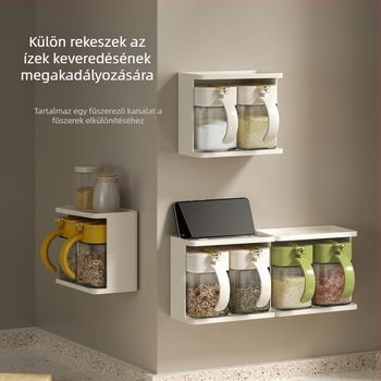 Üveg fűszeres készlet a konyhához, falra szerelhető, kanállal, só és MSG tartályokkal