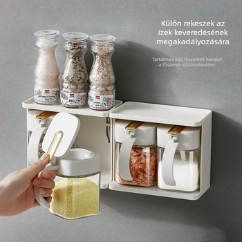 Üveg fűszeres készlet a konyhához, falra szerelhető, kanállal, só és MSG tartályokkal