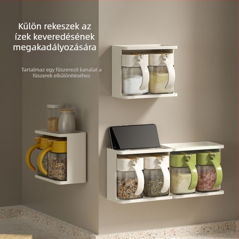 Üveg fűszeres készlet a konyhához, falra szerelhető, kanállal, só és MSG tartályokkal