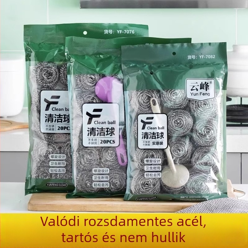 Nagy méretű rozsdamentes acéldrót tisztító golyó, fogantyúval, edényekhez és poharakhoz, szálak nem hullanak le