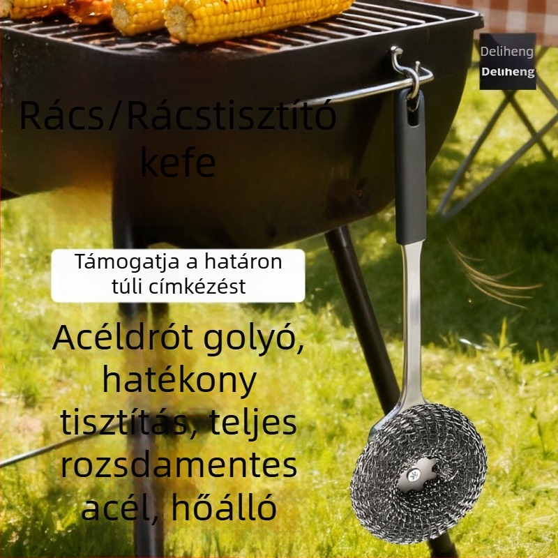 Hosszú nyelű rozsdamentes acél tisztítóecset a konyhához – edényekhez, sütőhöz és grillhez, acélhuzalos golyóval
