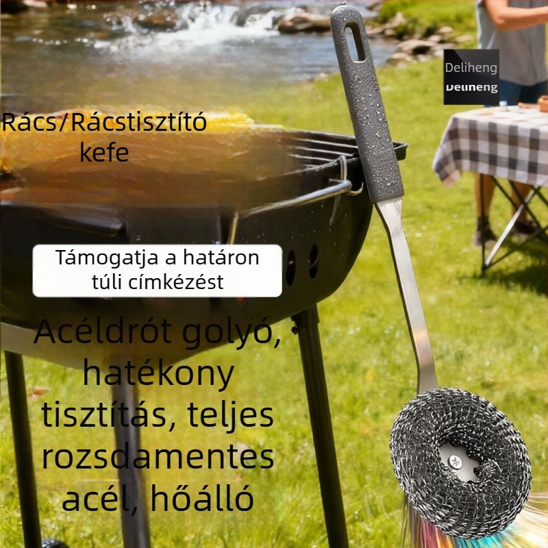 Hosszú nyelű rozsdamentes acél tisztítóecset a konyhához – edényekhez, sütőhöz és grillhez, acélhuzalos golyóval