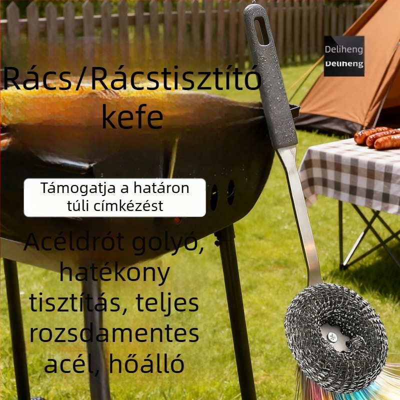 Hosszú nyelű rozsdamentes acél tisztítóecset a konyhához – edényekhez, sütőhöz és grillhez, acélhuzalos golyóval