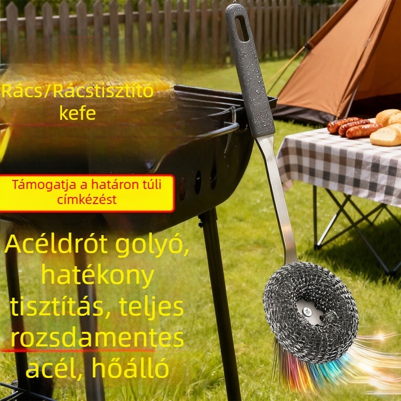 Hosszú nyelű rozsdamentes acél tisztítóecset a konyhához – edényekhez, sütőhöz és grillhez, acélhuzalos golyóval