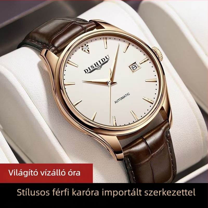 Új kézi felhúzású mechanikus férfi karóra, minimalistikus dizájn, 40 mm-es rozsdamentes acél tok, zafíros kristály, valódi bőr szíj, 10 m vízállóság