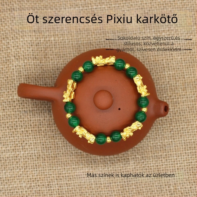Pixiu karkötő, imitált természetes zöld jade, arany gyöngyökkel, női etnikus stílus a gazdagságért