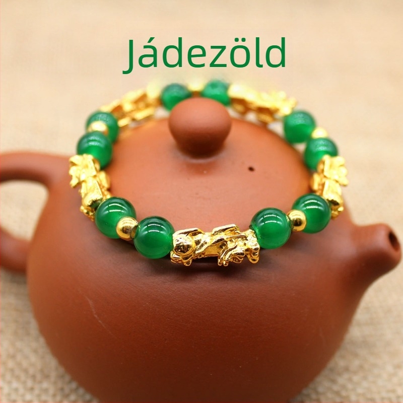 Pixiu karkötő, imitált természetes zöld jade, arany gyöngyökkel, női etnikus stílus a gazdagságért